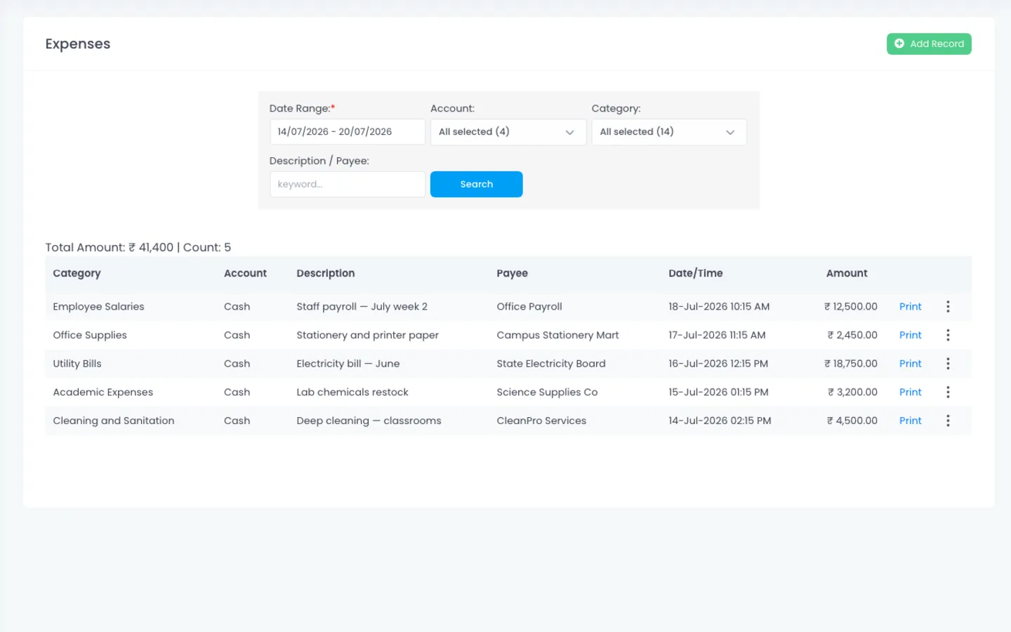 ScholaBook expenses screen showing category, account, payee and amount columns