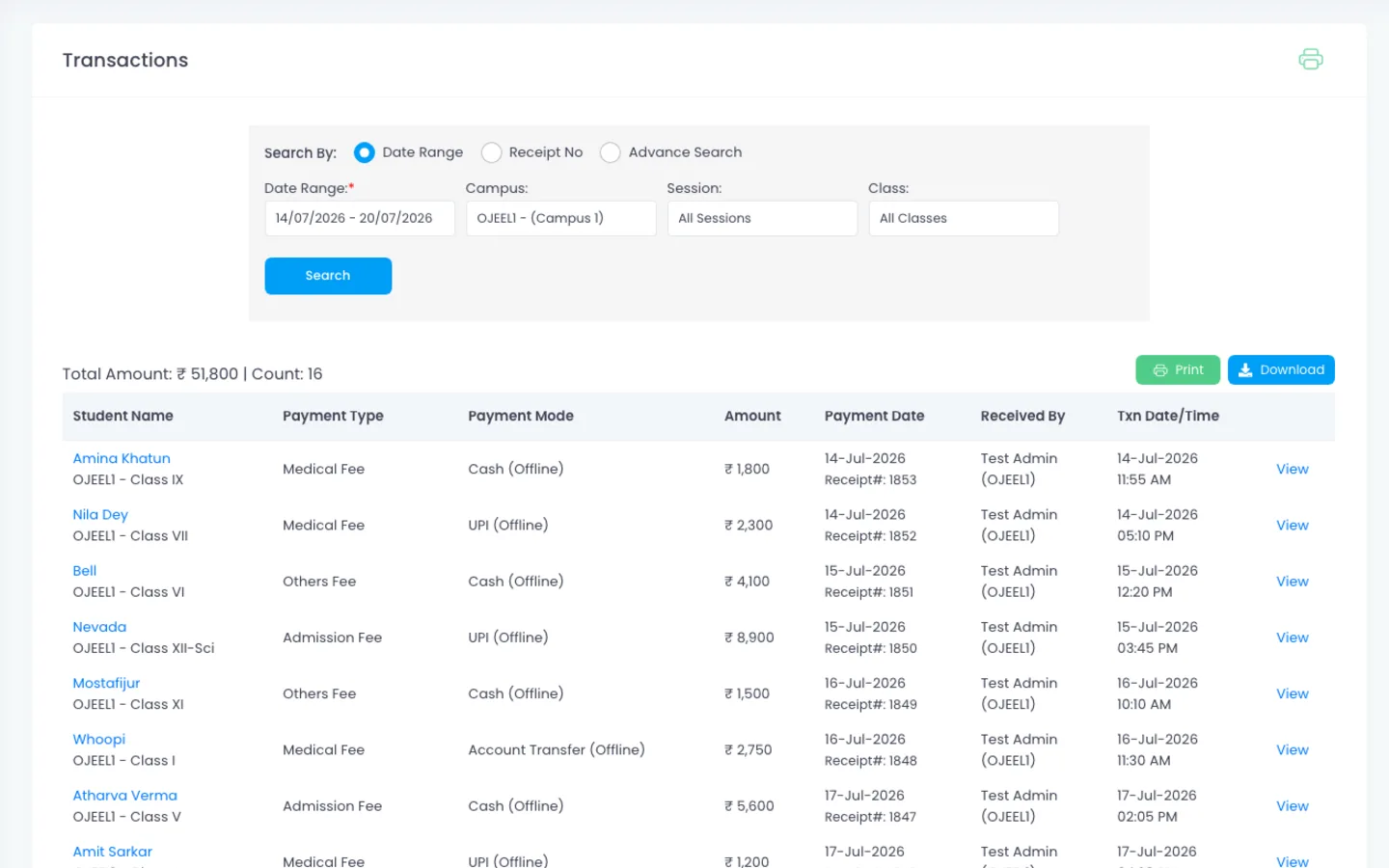 ScholaBook transactions screen listing fee receipts for multiple students with payment mode and amount