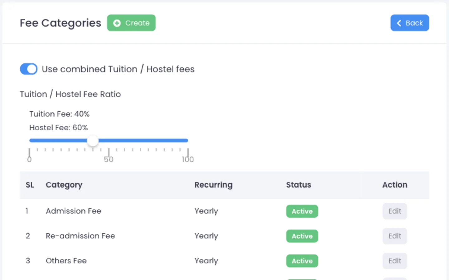 ScholaBook fee structure setup showing class-wise fee plans