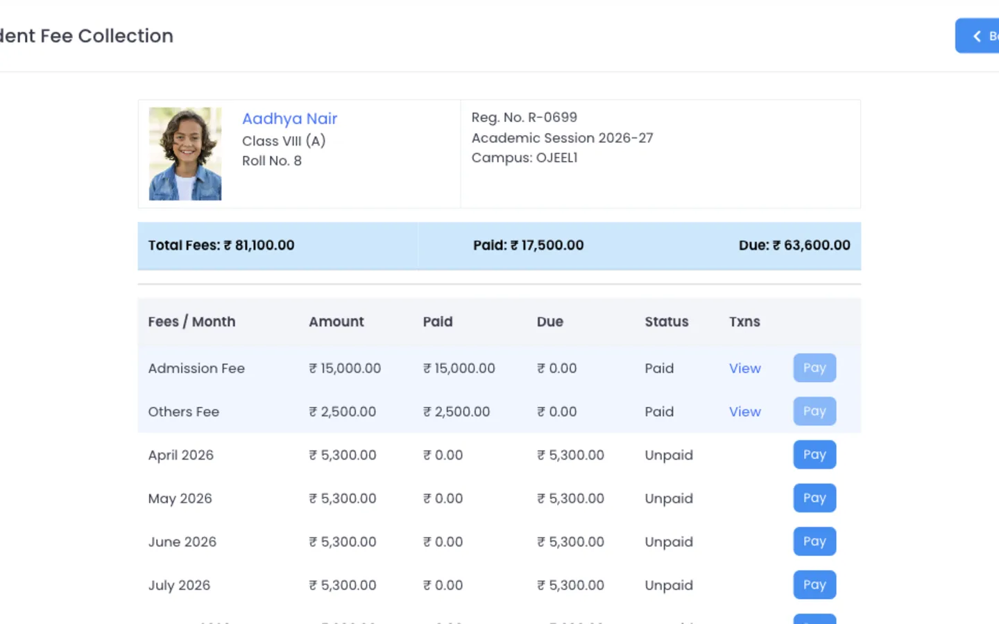 ScholaBook fee collection screen showing payable fees and dues for a student
