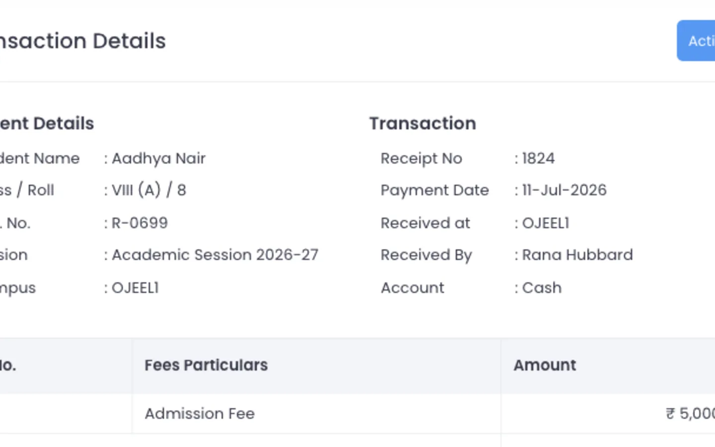 ScholaBook transaction details screen with receipt number and fee line items