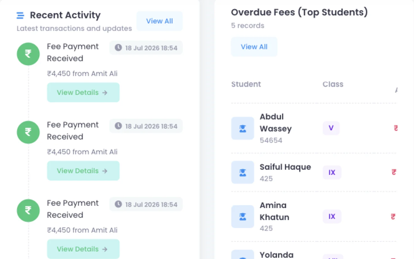 ScholaBook dues dashboard showing overdue students and recent fee activity