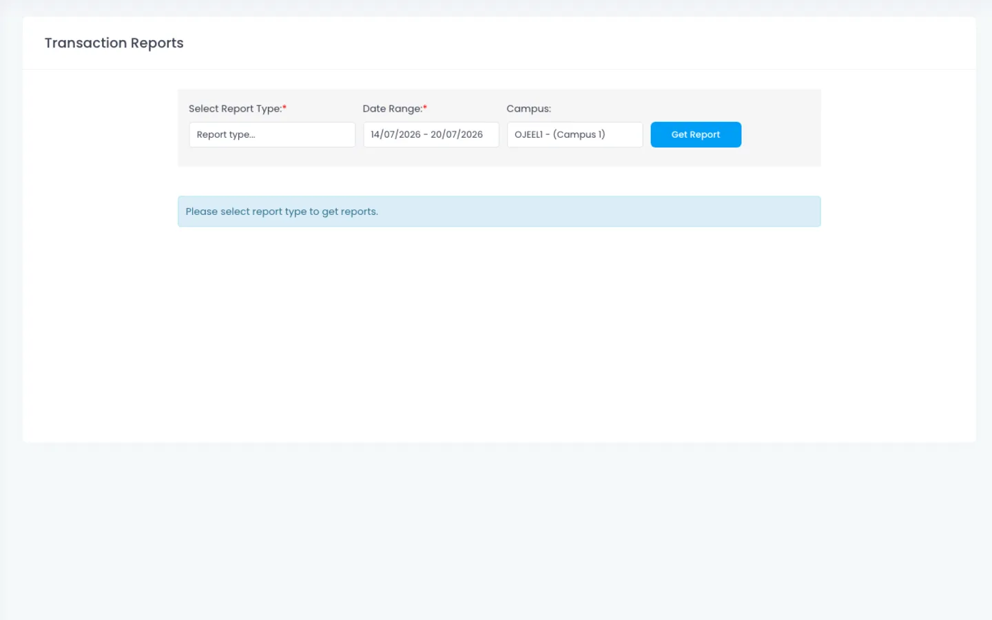 ScholaBook class-wise transaction report with All Campus filter and daily totals by class