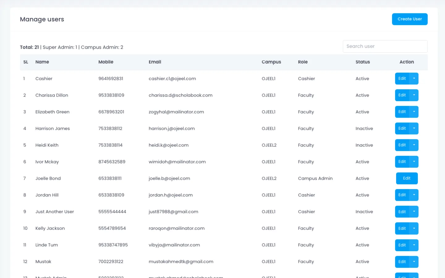 ScholaBook manage users screen listing staff with campus codes and roles