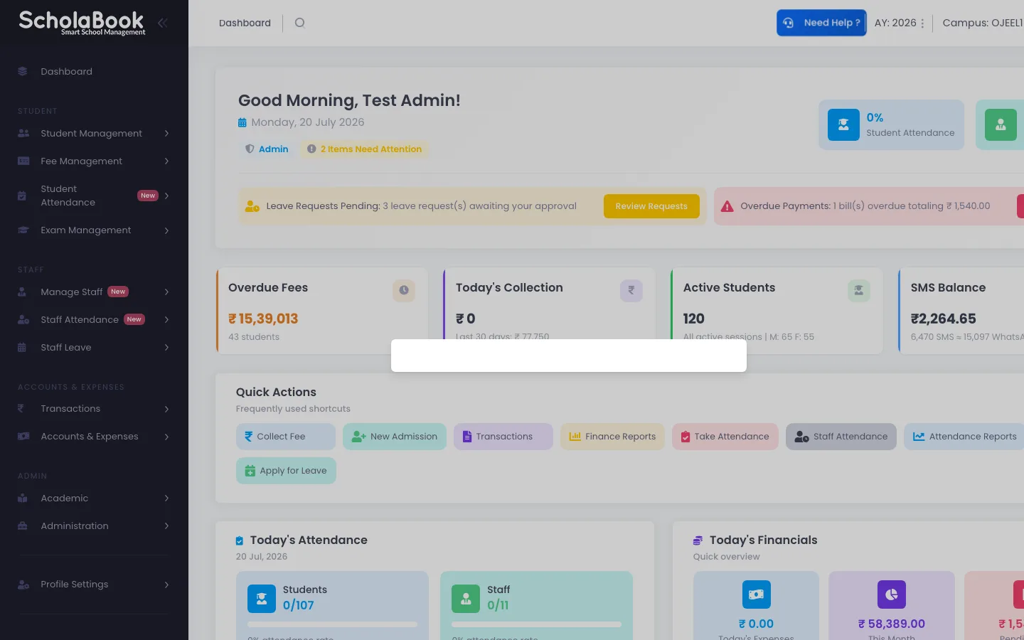 ScholaBook campus switcher showing campus selection for a multi-campus school