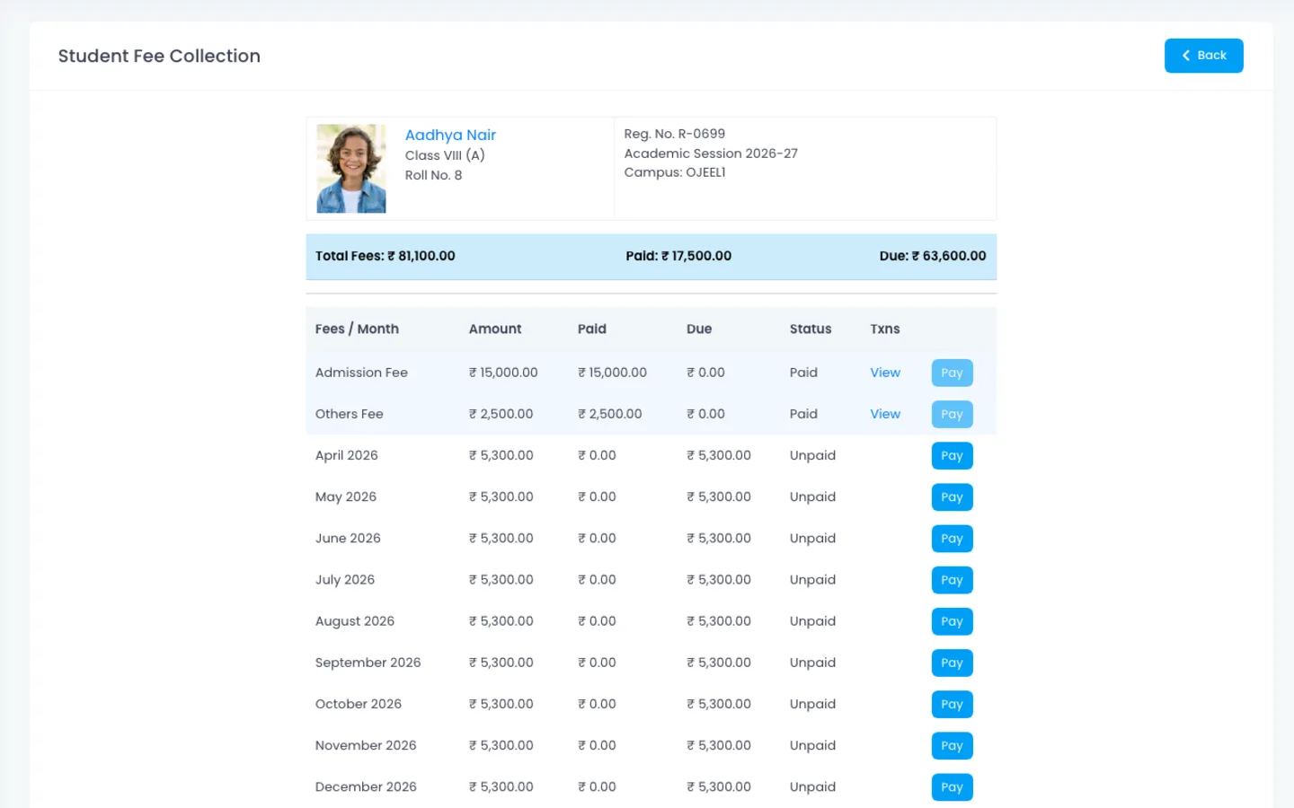 ScholaBook student fee collection screen showing paid and unpaid lines for office follow-up