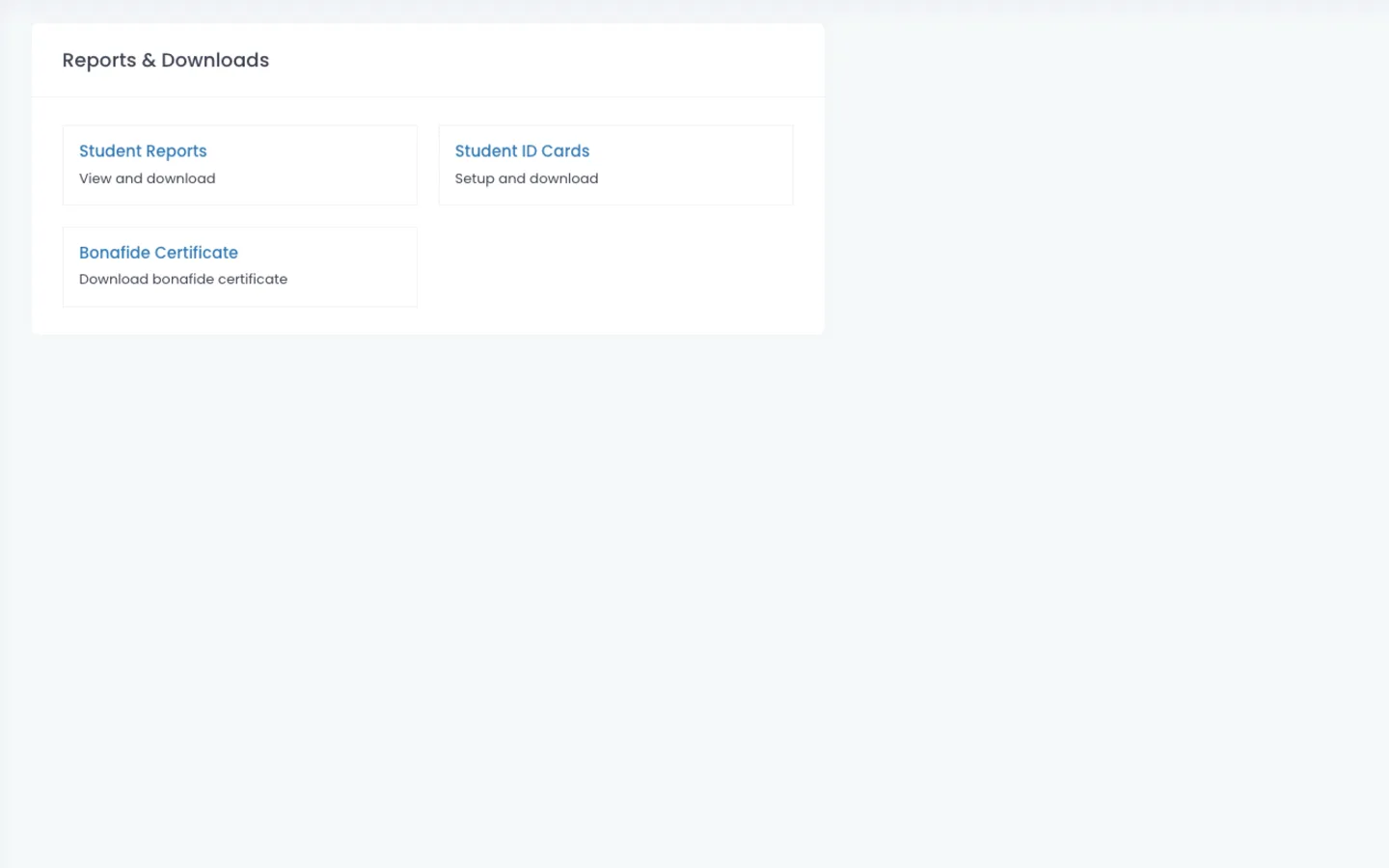 ScholaBook Reports and Downloads screen with student reports, ID cards and bonafide certificate links