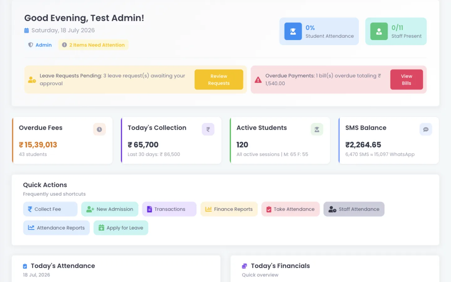 ScholaBook campus dashboard showing fees, attendance and daily school operations