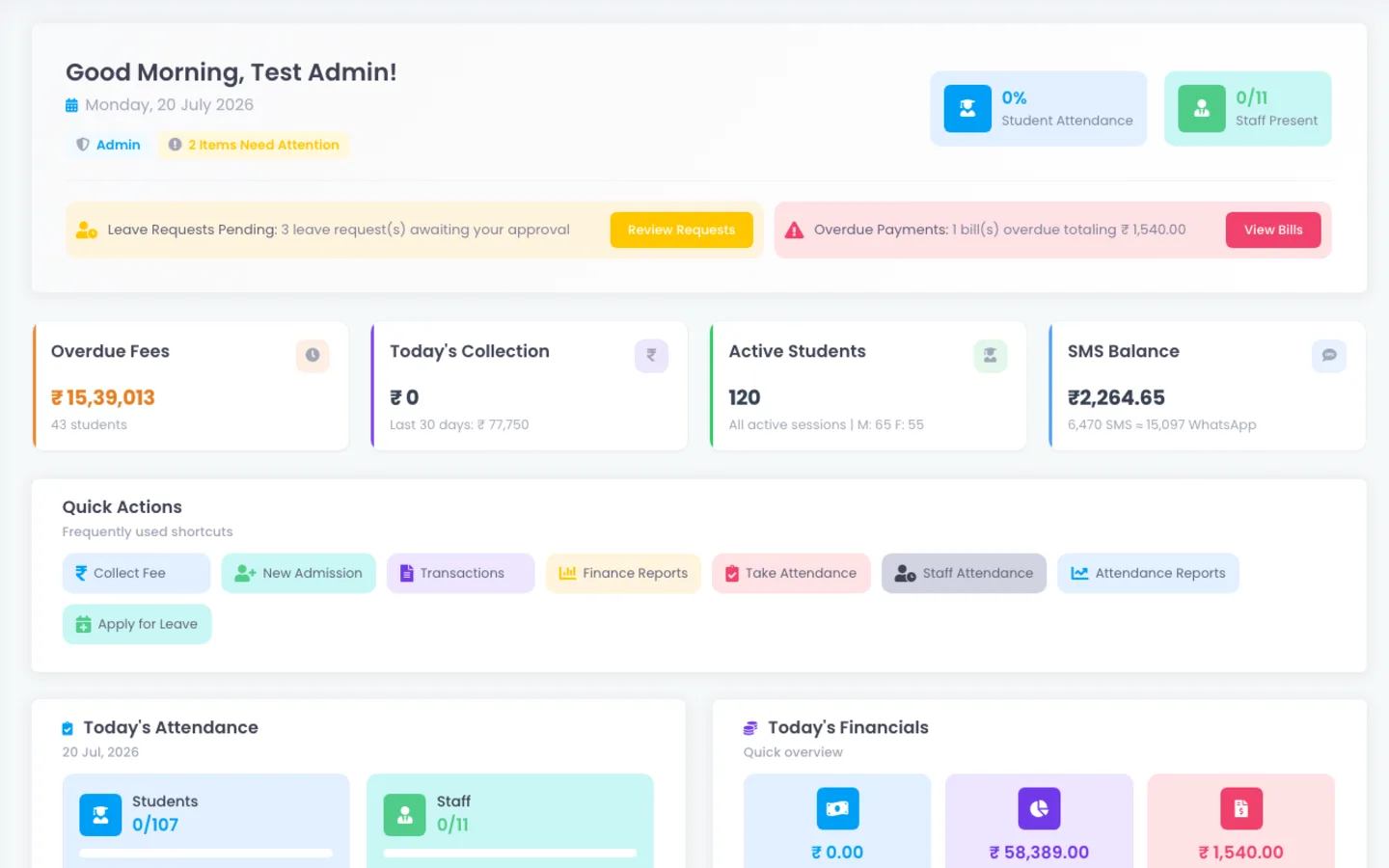 ScholaBook dashboard overdue fees list with campus operational context