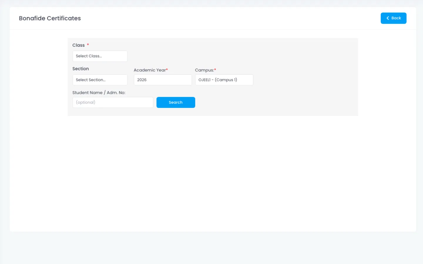 ScholaBook bonafide certificates screen with class students and Generate actions